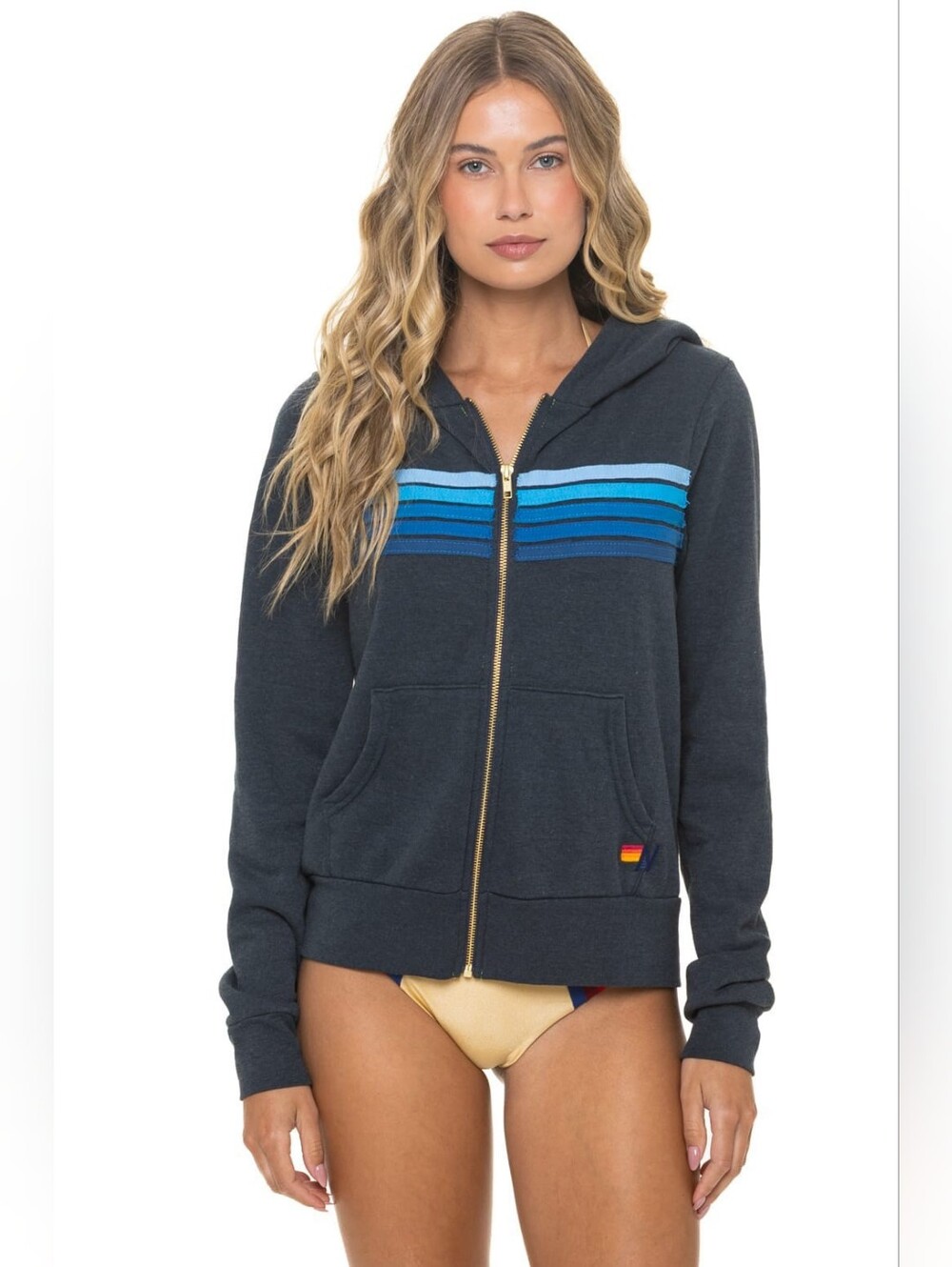 Aviator Nation Charcoal Zip Hoodie with Blue Stripe Chest